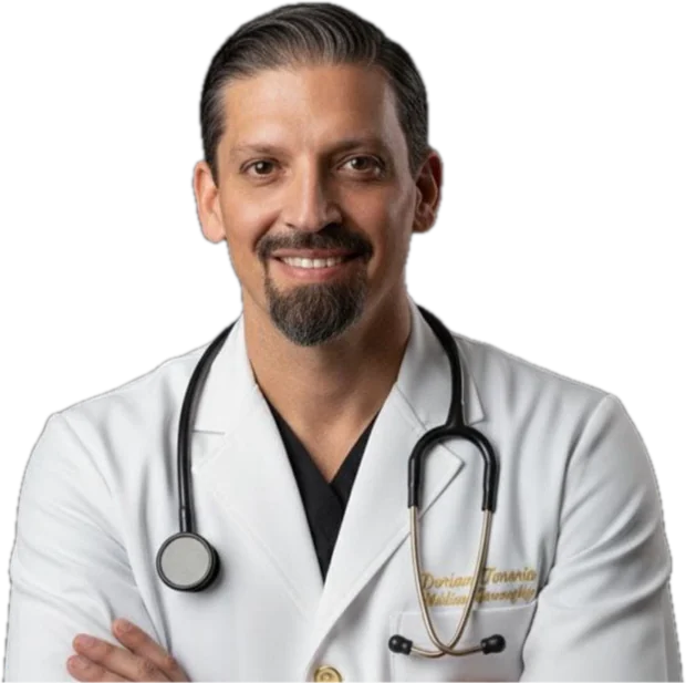 Retrato de estudio del Dr. Juan Dorian Tenorio Narváez con bata blanca y estetoscopio.